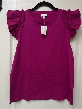 J Crew Magenta Ruffle-Sleeve Cotton Tee